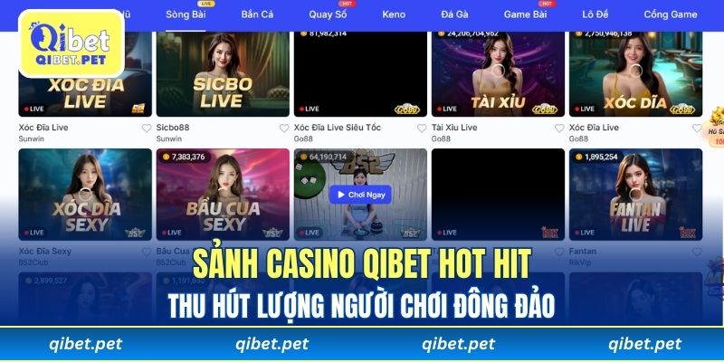 Sảnh casino Qibet hot hit thu hút lượng người chơi đông đảo